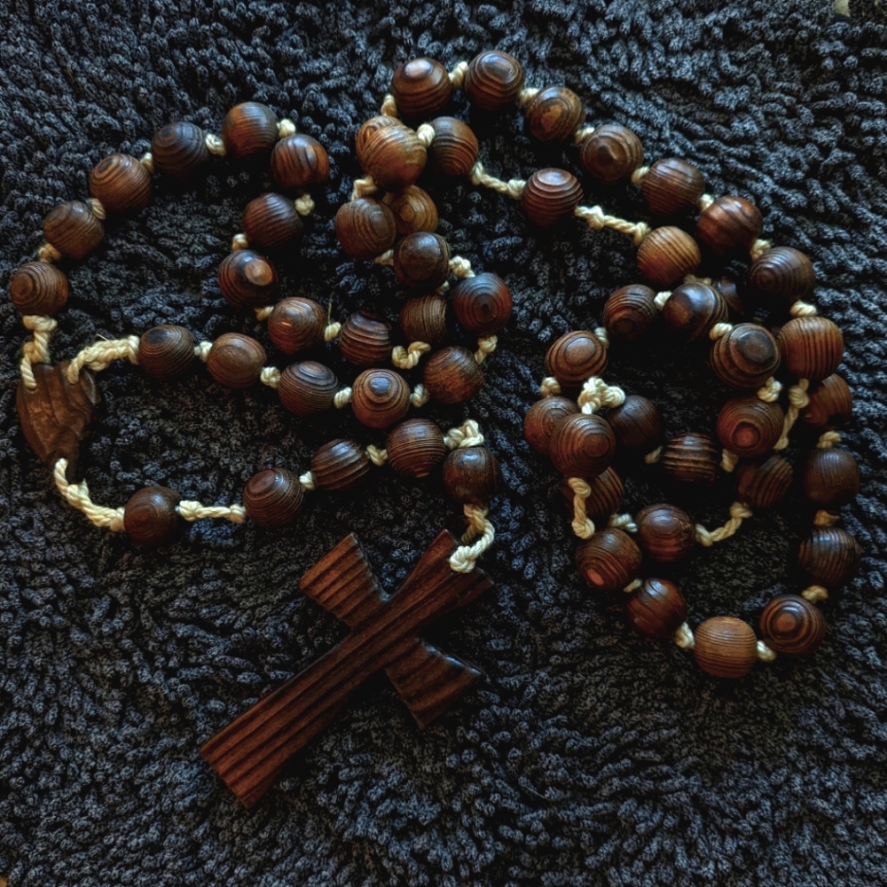XL Hand Carved Oak Rosary, Antique
